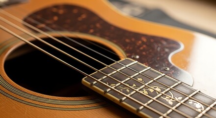 Fototapeta premium Close-up of an acoustic guitars soundhole, strings, and fretboard, showcasing the instruments intricate details and craftsmanship.