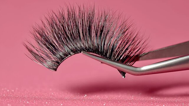 Close-up sequence of false eyelashes being delicately held by tweezers against a soft pink background, showcasing the intricate details and texture of the lashes in a continuous motion flow