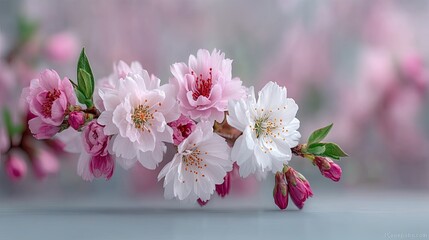 Delicate Pink Sakura Blossoms on Branch with Soft Floral Background
