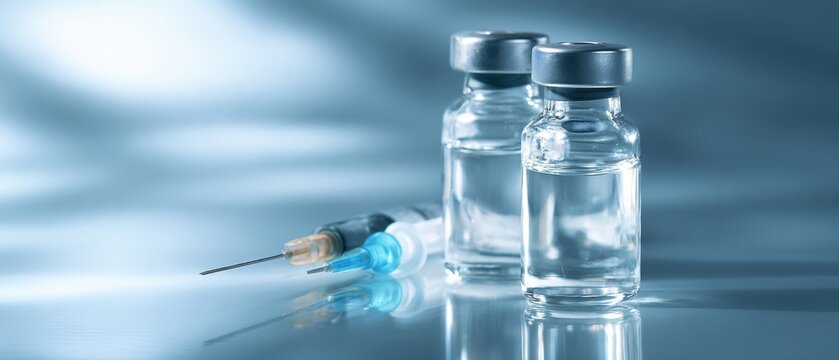 The medical vials and syringes representing modern healthcare solutions and vaccination efforts.
