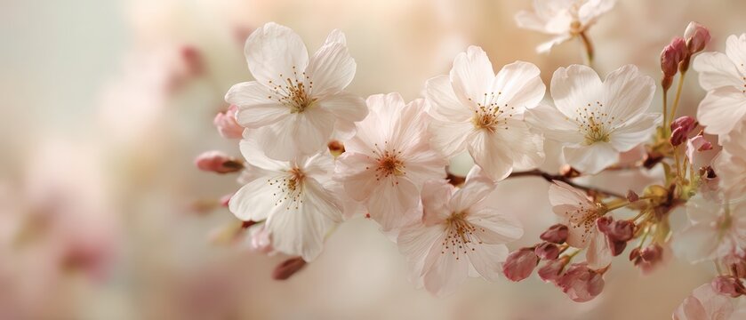 Beautiful soft focus pink and white blossoms captured in warm studio lighting with dreamy airy background, perfect for elegant spa product visuals and luxury spring themed commercial campaigns