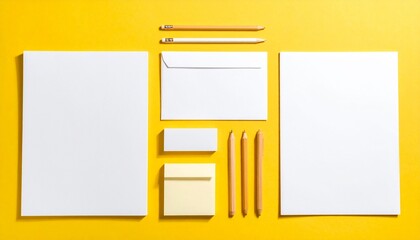 Blank stationery and pencils on a yellow background