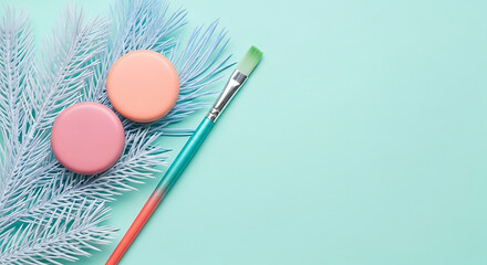 Cosmetic arrangement with brush and powder on a pastel background