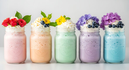 Colorful milkshake beverages in mason jars with floral decorations
