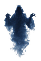 Ethereal spectral phantom with wispy smoke tendrils and clawed hands isolated on a transparent background