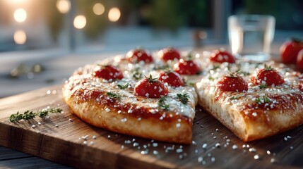 Delicious Pizza with Fresh Cherry Tomatoes and Herbs on Wood Cutting Board in Warm Cinematic Lighting Outdoor
