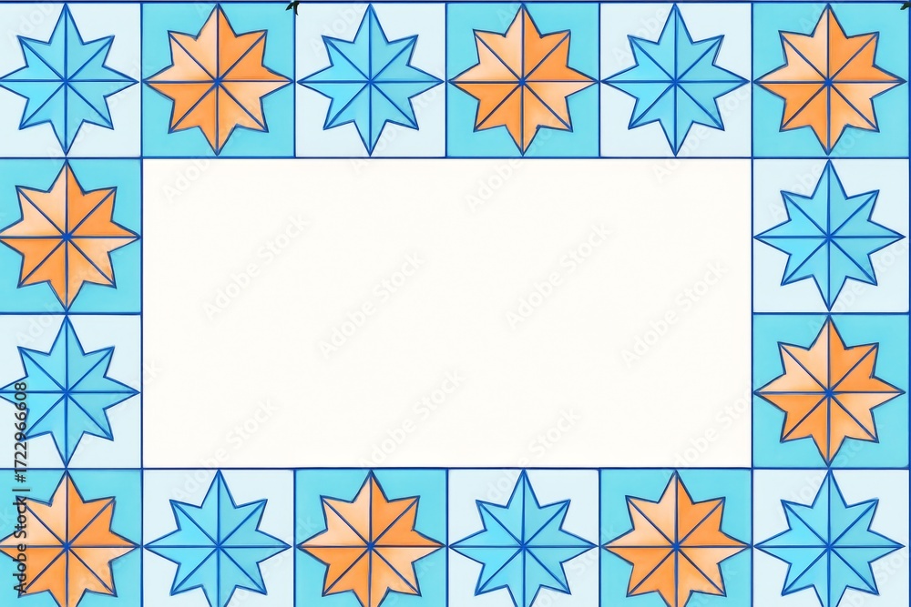 Poster empty frame with colorful star-patterned tiles in blue and orange forming a border on a clean white 