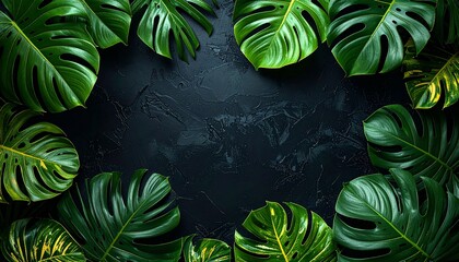 Tropical leaves frame dark surface