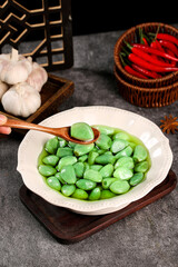 Fresh Green Broad Beans with Garlic and Chili Peppers - Healthy Cooking Ingredients