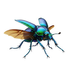 Fototapeta premium Close up macro photograph of a vibrant iridescent blue and green scarab beetle with translucent wings isolated on transparent background