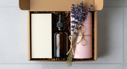 Gift box containing essential oil lavender and a pink wrapped present