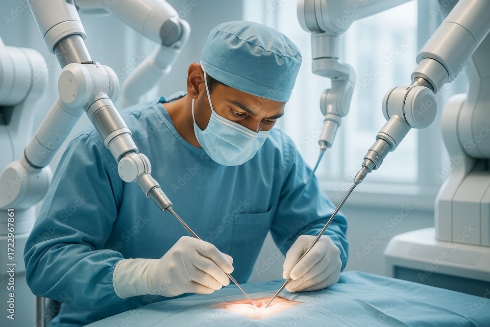 Poster surgeon performing precise robotic-assisted surgery in high-tech operating room with advanced roboti
