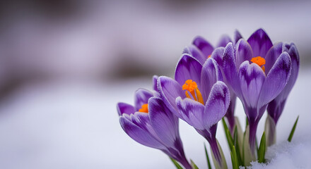 Purple crocus flowers emerging from the snow in early spring season