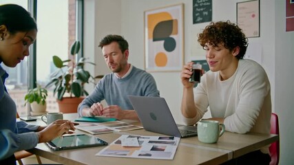 Two people working together at a desk with a laptop, tablet, and photo album - Powered by Adobe