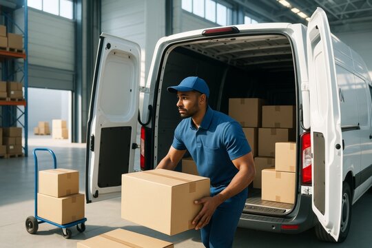 Delivery worker unloading cardboard boxes from van in warehouse with natural light and organized background during daytime operations. Ai generative