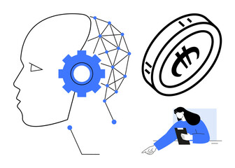 Profile of AI head with tech network and gear, cryptocurrency coin with currency symbol, and person working on a tablet. Ideal for technology, AI, blockchain, finance, digital work, futuristic