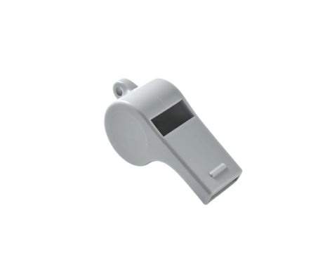 A light grey plastic whistle with a small black rectangle on its side, shown at an angle with a small loop at the top for attaching a lanyard