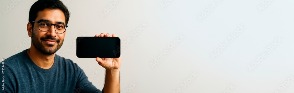 Aufkleber smiling man holding smartphone with blank screen in front of light background, great for mockup or a