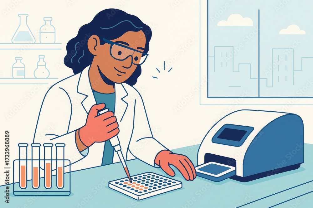 Poster female scientist working in a laboratory with pipette and test samples in modern science environment