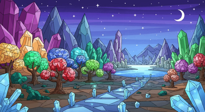 Fantasy landscape with vibrant crystal trees and glowing path.