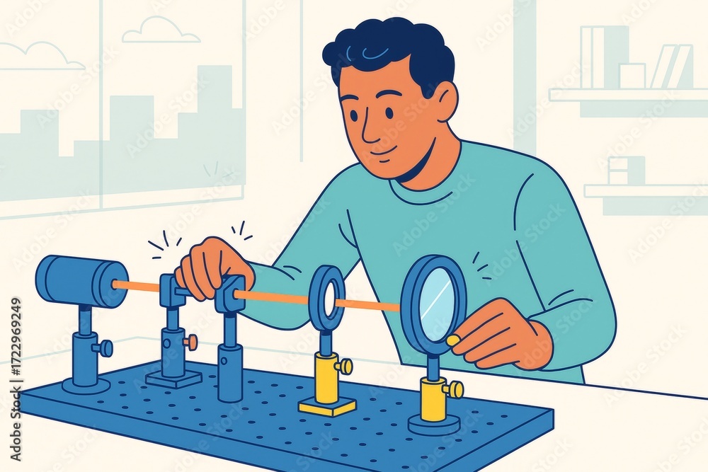 Poster cartoon illustration of a young scientist experimenting with optics and light beams in a lab with a 