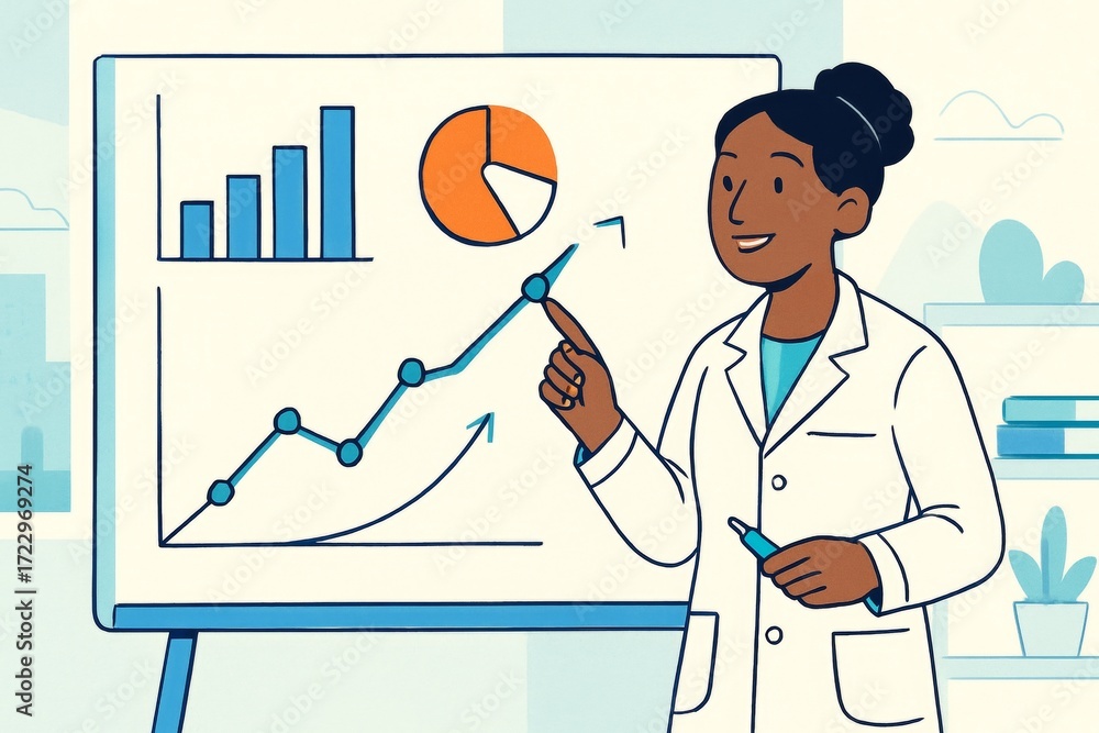 Poster female scientist presenting data on growth chart in laboratory environment with light background and