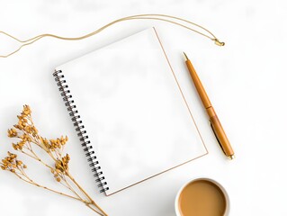 Blank notebook with pen, coffee, and necklace on a white background for journaling ideas
