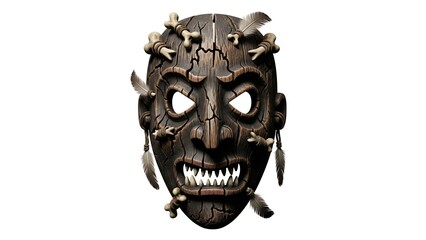 Naklejka premium Creepy voodoo mask with cracks, isolated on a clear blank white background, depicting ancient tribal art