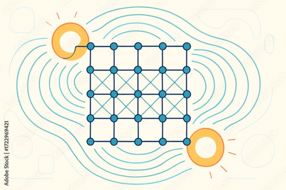 Poster abstract neural network grid with energy waves and light nodes on scientific background in minimalis