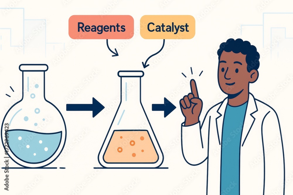 Poster science experiment showing reagents and catalyst with cartoon scientist on light background illustra