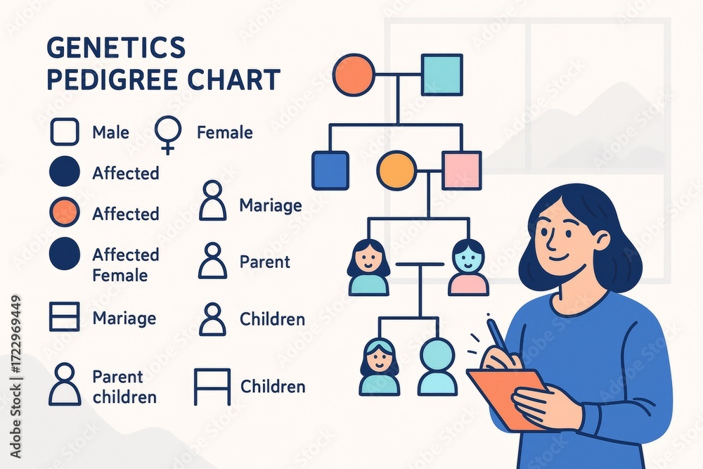 Poster genetic family pedigree chart with symbols and smiling woman holding clipboard, illustrating inherit