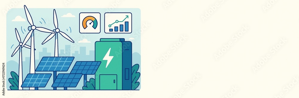 Poster renewable energy concept with wind turbines, solar panels, battery storage and performance icons on 