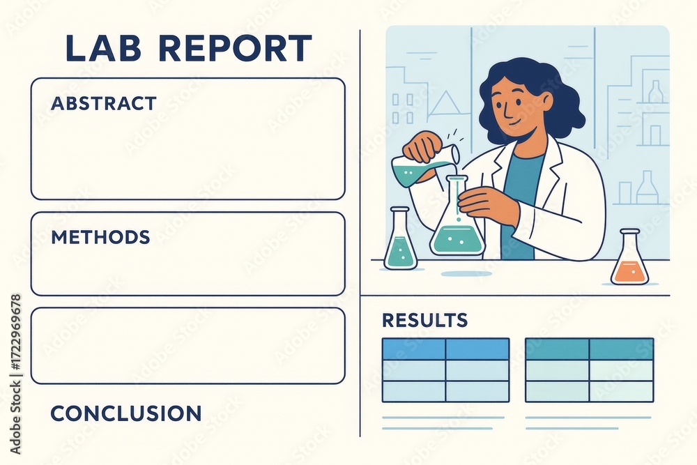 Poster lab report mockup with abstract, methods, results, and conclusion layout alongside scientist illustr