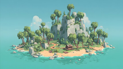 Fototapeta premium island with palm trees, golden beach, sparkling blue water, and distant volcano