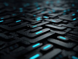 Neon Tech: A stunning macro shot reveals an intricate network of geometric forms, illuminated by glowing blue lights, showcasing futuristic technology, data, and digital landscapes.