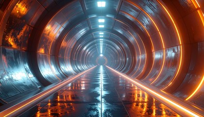 A futuristic tunnel made of reflective, metallic panels, illuminated by orange and blue neon lights, creating a sense of depth