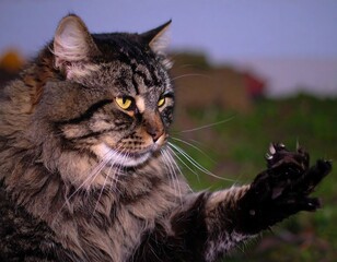 Tabby cat reaching paw outdoors