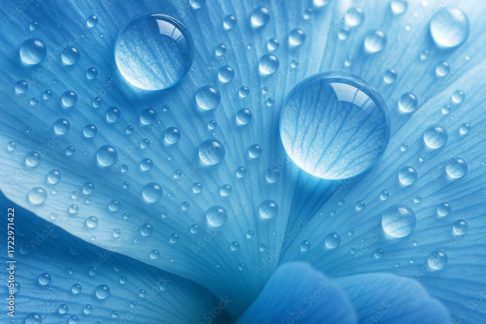 Poster Close-up of water droplets on delicate blue flower petals with soft lighting and abstract background for nature and purity concept. Ai generative. Ai generative