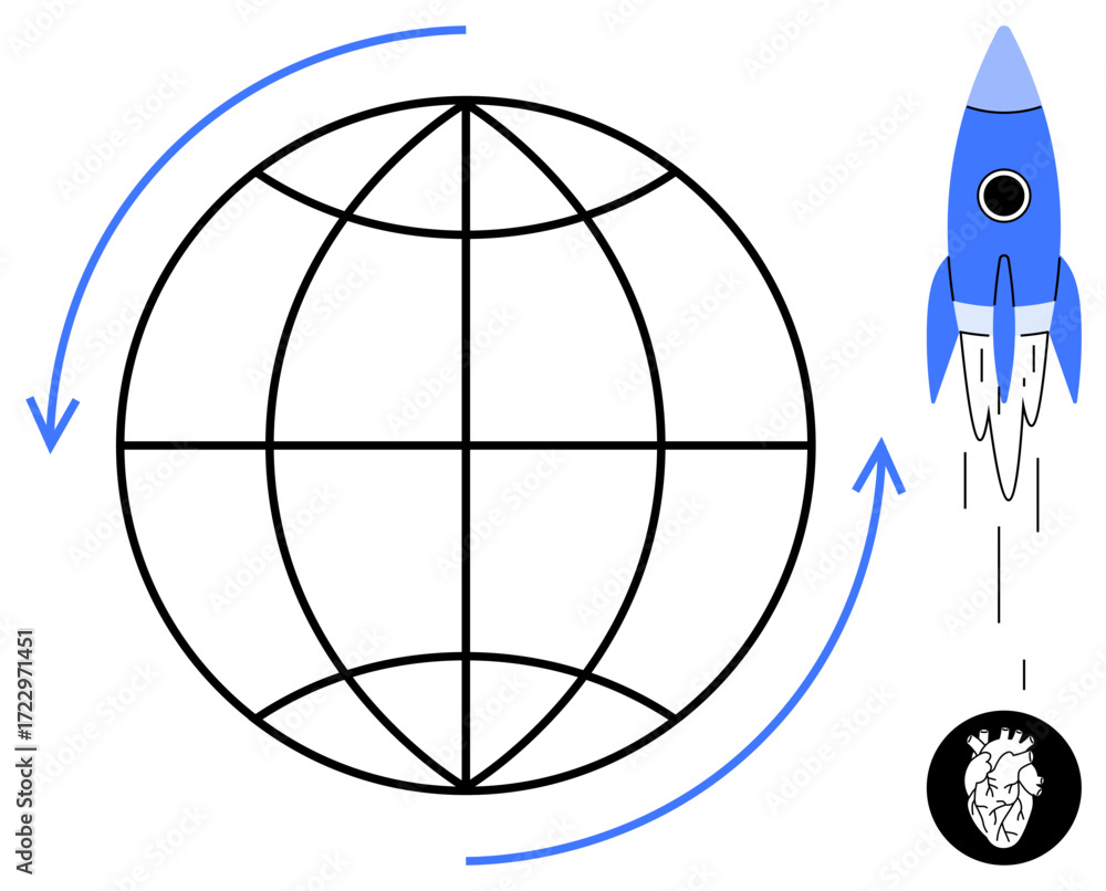 Aufkleber globe with arrows signifying connection and growth, rocket launching for innovation and progress, he