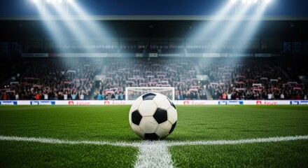 Obraz premium Soccer ball on the field in a stadium with bright lights shining down on it during a match with fans in the background