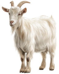 A detailed illustration of a white goat with long fur, curved horns, and a calm expression. Perfect for farming, rural life, or nature-themed projects needing authentic animal imagery.