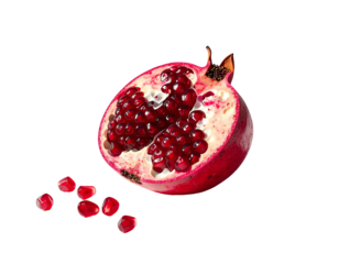 A halved pomegranate reveals vibrant red arils, clustered tightly within its pale inner flesh.  Several loose seeds are scattered nearby against a black background