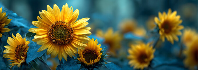 Fototapeta premium Close-up group of sunflowers with golden petals and green leaves in sunlight, displayed against blurred outdoor background representing summer beauty and natural growth