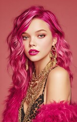 Fototapeta premium Woman with vibrant pink hair and golden jewelry