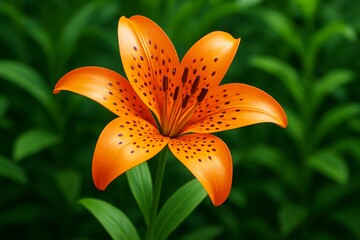 Bright orange lily flower in full bloom with dark spots, shown against a lush green background with soft light and shallow depth of field. Ai generative
