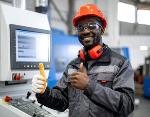 Smiling worker in factory giving thumbs up