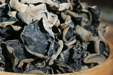 Dried Black Fungus Wood Ear Mushrooms in Bowl Heilongjiang China Traditional Cooking Ingredient