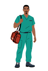 Young Black man in green medical scrubs with red bag, vector illustration of African American or Latin male doctor, nurse, or paramedic isolated on transparent background