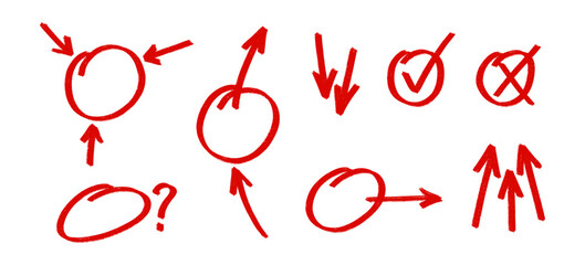 Set of hand drawn red exam marks, including various checkmarks, crosses, and other grading symbols. Simple and useful vector elements for educational or evaluation themed designs.
