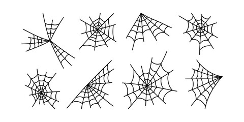 Spider web set, isolated on white background. Halloween silhouettes black line spiderweb or cobweb - for design decor. Hand drawn cobwebs. Vector illustration, traditional Halloween decorative element